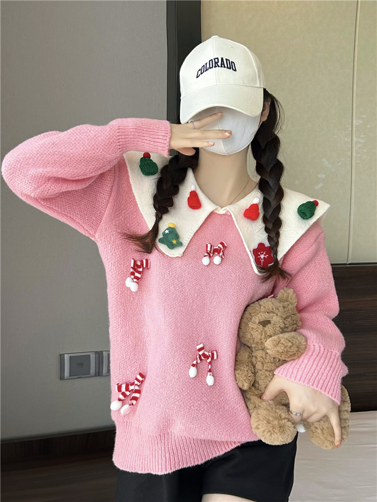 實拍~秋冬新款復古減齡聖誕氛圍感慵懶風奶fufu娃娃領毛衣