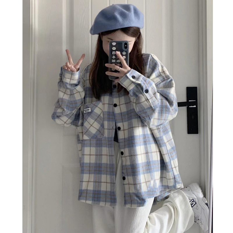 格子襯衫上衣女2023秋季新款學院風法式設計感小眾寬鬆襯衣外套