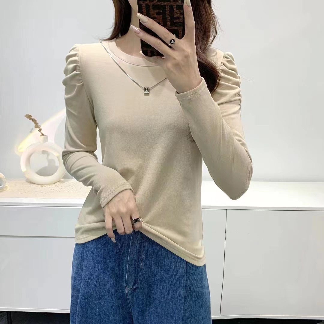 獨特設計感壓褶顯瘦長袖t恤女裝秋季新款寬鬆顯瘦內搭打底衫上衣