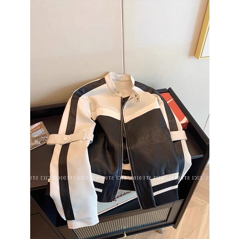 Early autumn new style 2023 American black and white color matching stand collar jacket for women retro casual street leather motorcycle wear