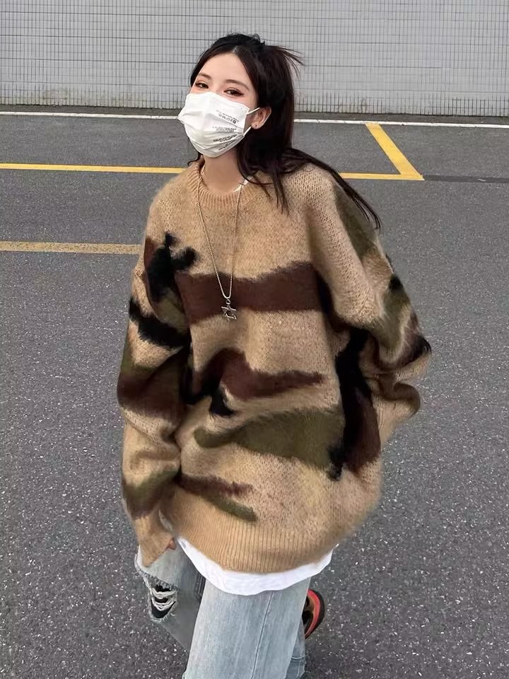 vintage秋冬國潮迷彩軍綠色高街破洞針織毛衣女寬鬆慵懶潮牌上衣