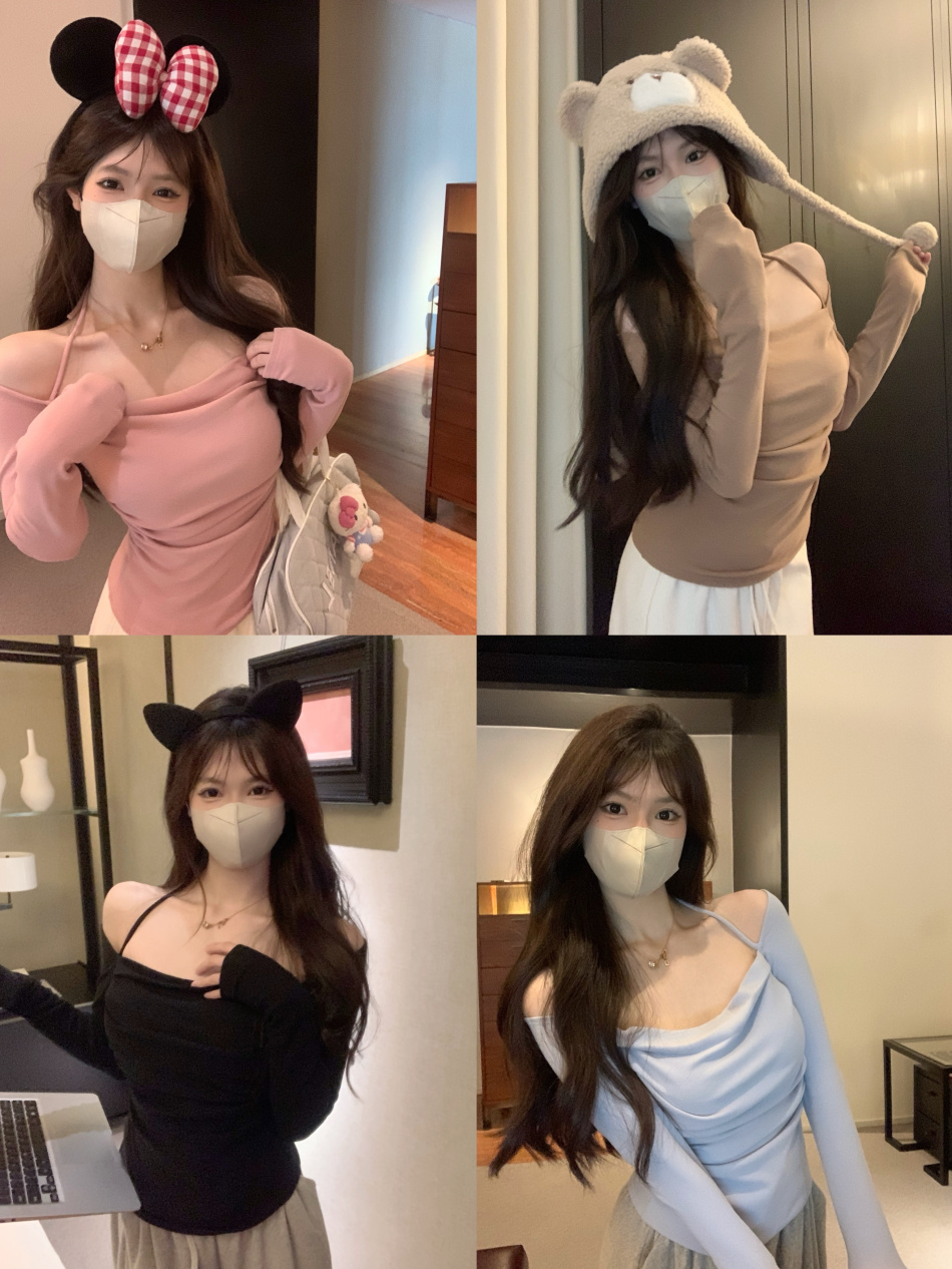 實拍~ 盪領設計心機露膚長袖女秋冬季修身內搭T恤