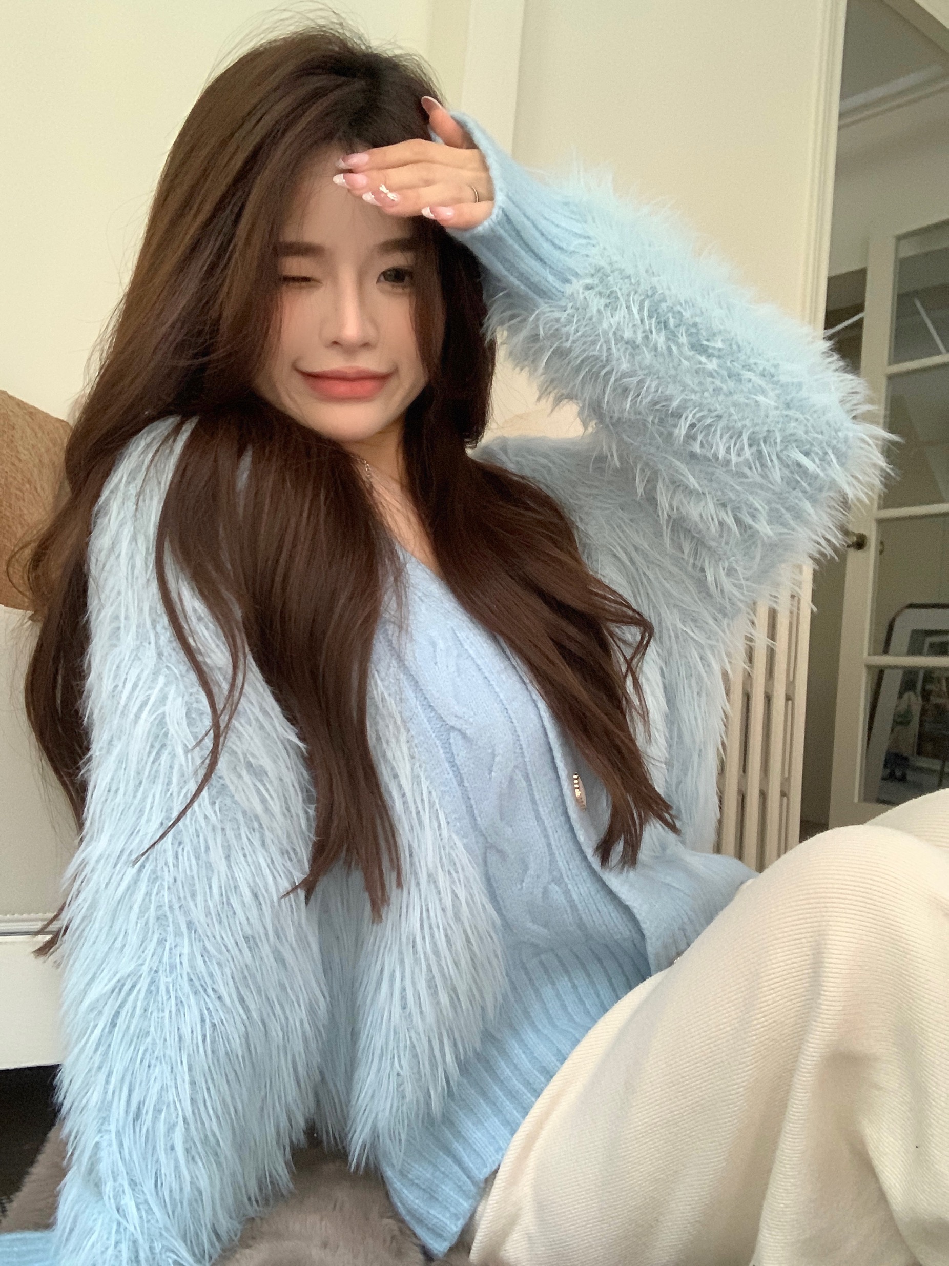 實拍   秋冬仿貂毛拼接開衫甜美減齡長袖加厚毛衣