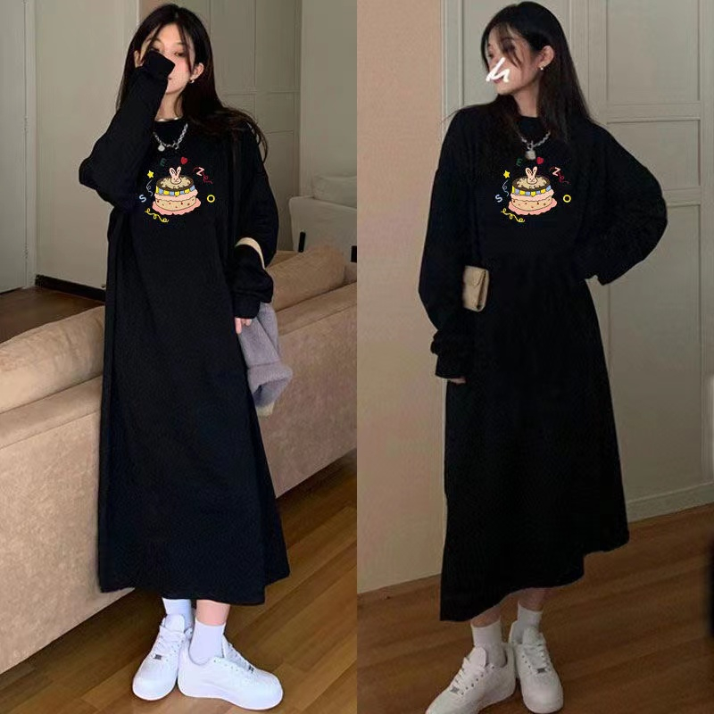 秋冬加絨加厚懶人長款衛衣裙女胖mm大碼寬鬆小眾甜酷過膝連衣裙潮