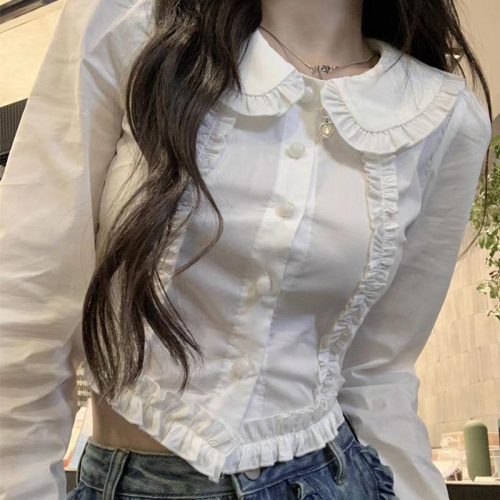 衬衫女不规则短款白色娃娃领花边设计感修身显瘦衬衣高腰长袖上衣
