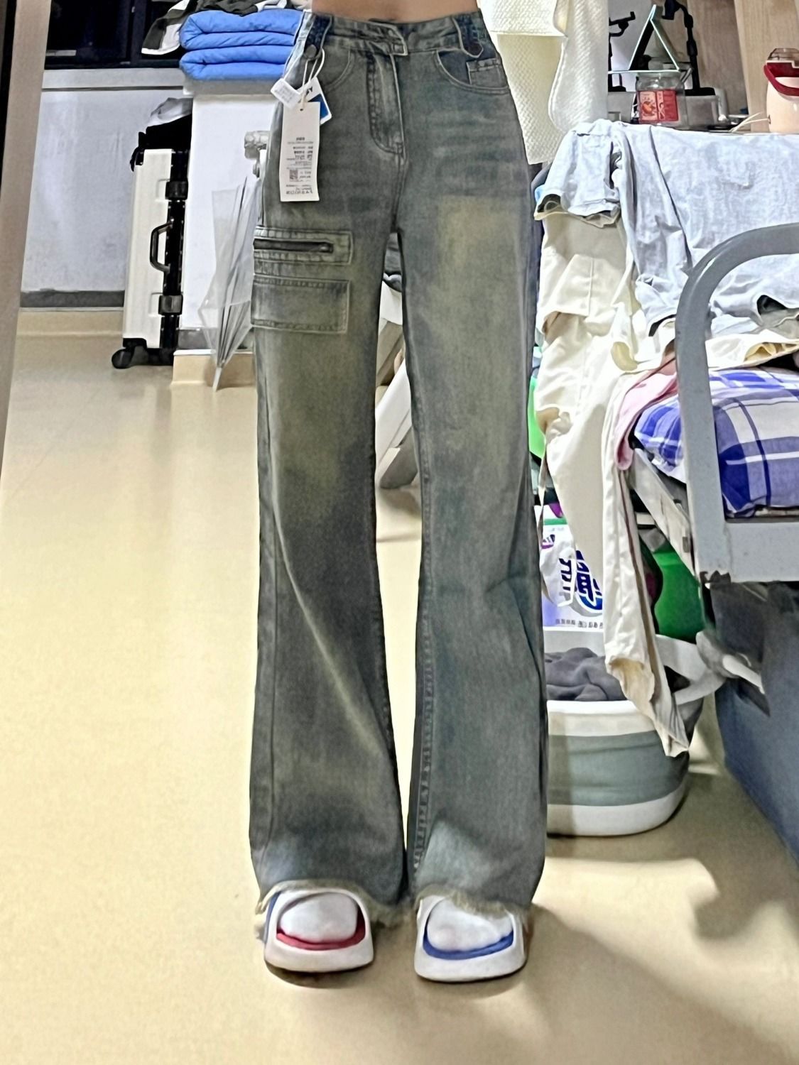 高腰美式復古工裝牛仔褲女秋季新款寬鬆顯瘦直筒闊腿毛邊拖地褲子