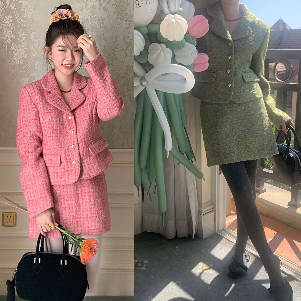 實拍 法式優雅小香風名媛氣質夾棉保暖羊毛西裝外套半身裙套裝