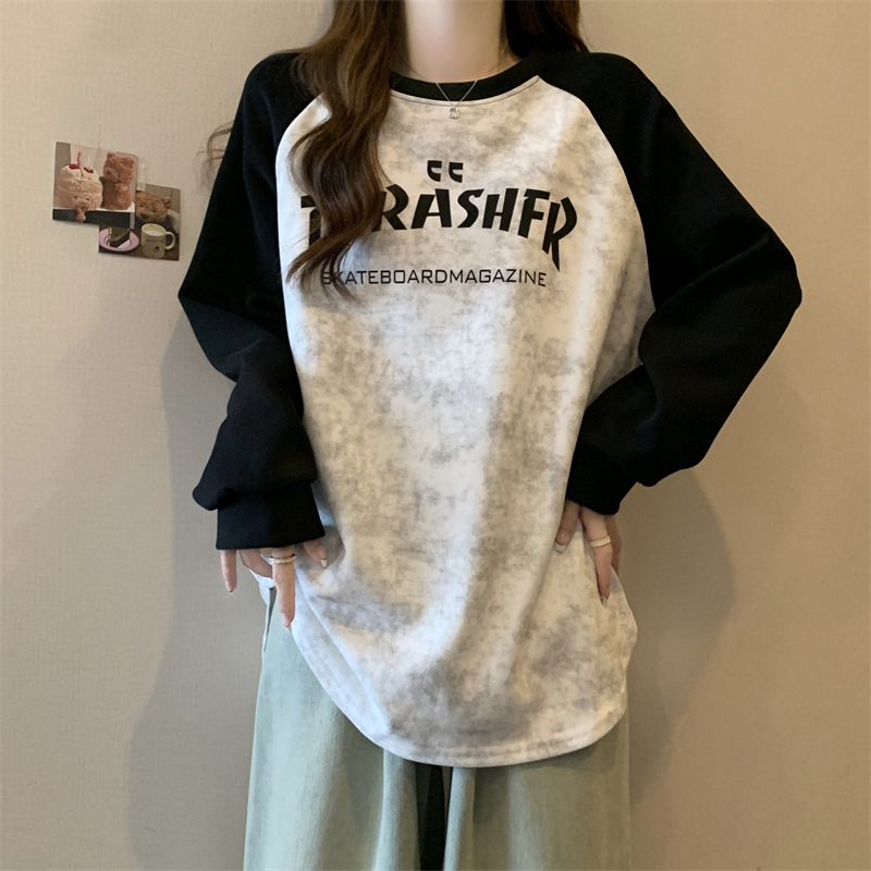 撞色字母插肩袖衛衣女秋冬新款美式復古慵懶寬鬆中長款打底衫上衣