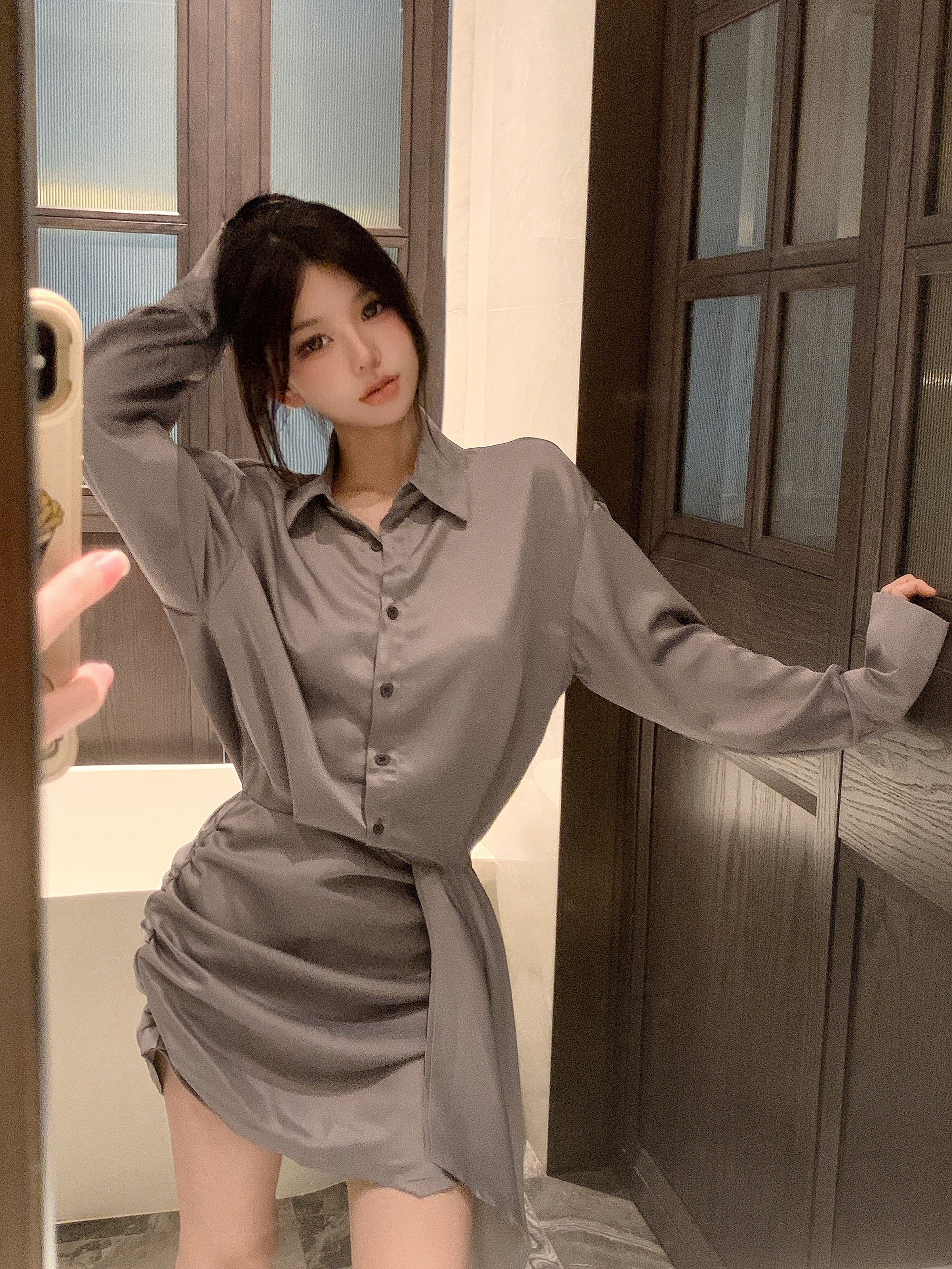 實拍~御姐氣質翻領緞面襯衫裙女別致不規則飄帶包臀連衣裙