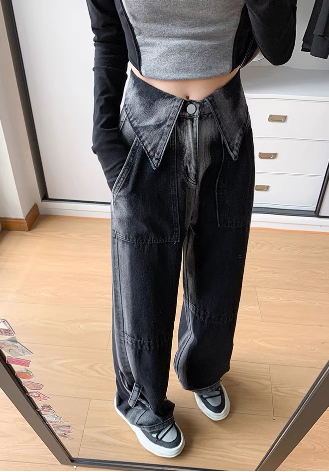黑灰色漸變闊腿牛仔褲女秋季2023新款設計感翻邊窄版直筒拖地褲子
