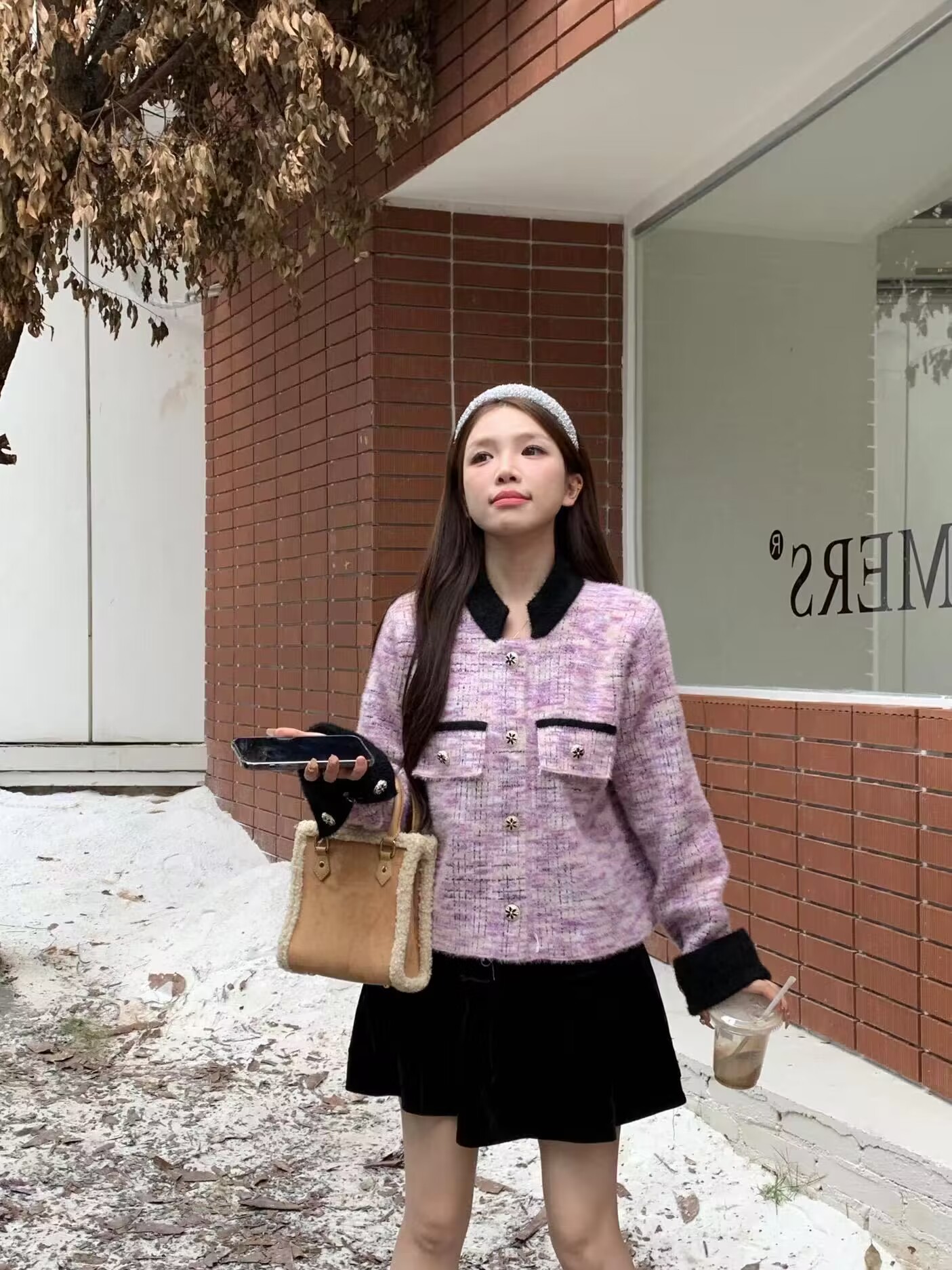 實拍小香風撞色外套女秋季新款甜美格紋寬鬆單排扣上衣