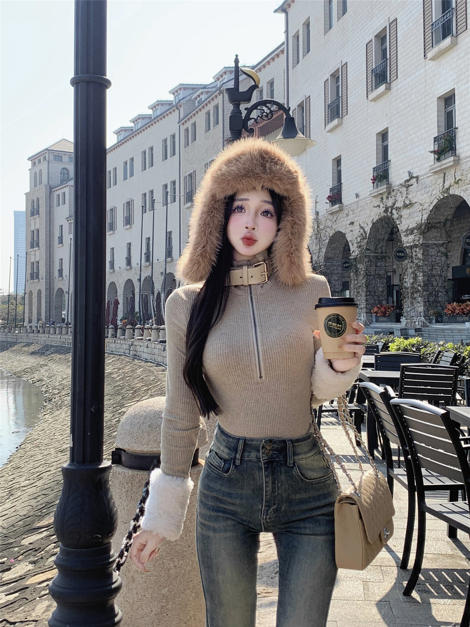 實拍~設計感針織打底衫女外穿上衣內搭立領加絨拉鏈毛衣