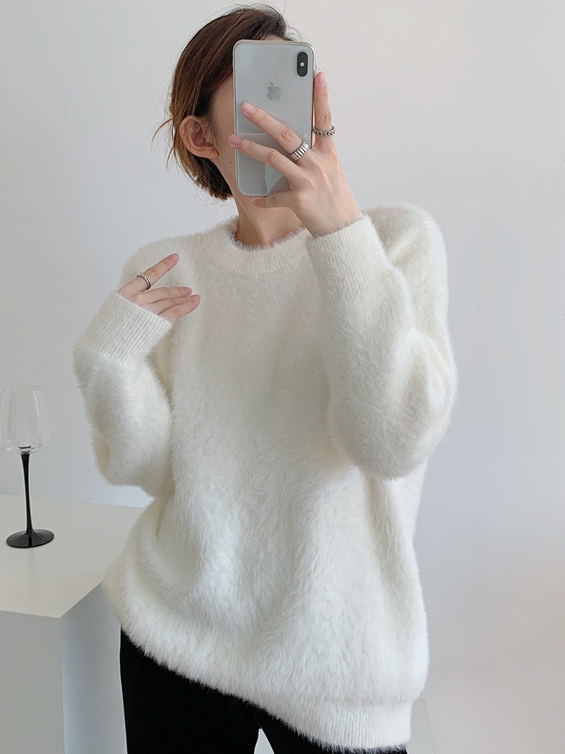 粉色馬海毛圓領套頭毛衣女秋冬外穿奶fufu慵懶軟糯針織衫加厚冬季