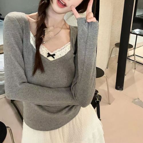 DeRong autumn and winter lace splicing bottoming shirt new outer wear long-sleeved T-shirt women's top