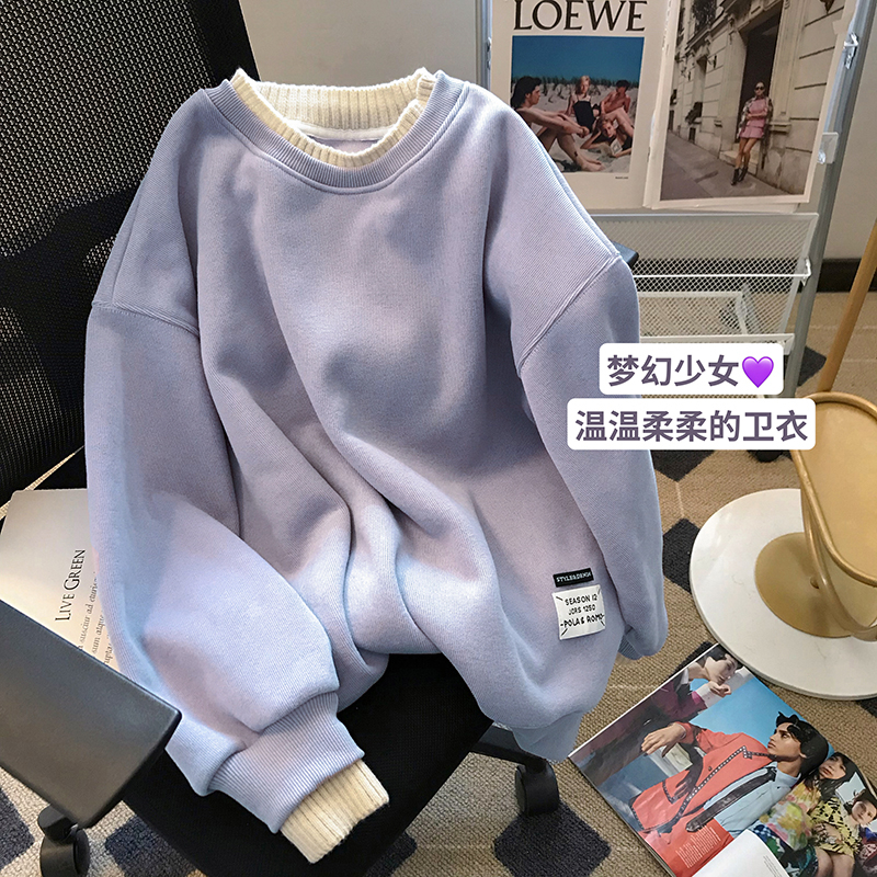 原版質量-圓領拼接假兩件加絨衛衣女2024年寬鬆休閒套頭上衣