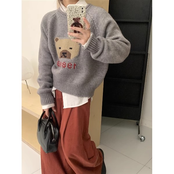 圓領小熊提花毛衣女2023新款秋冬裝慵懶風韓版寬鬆外穿針織衫上衣