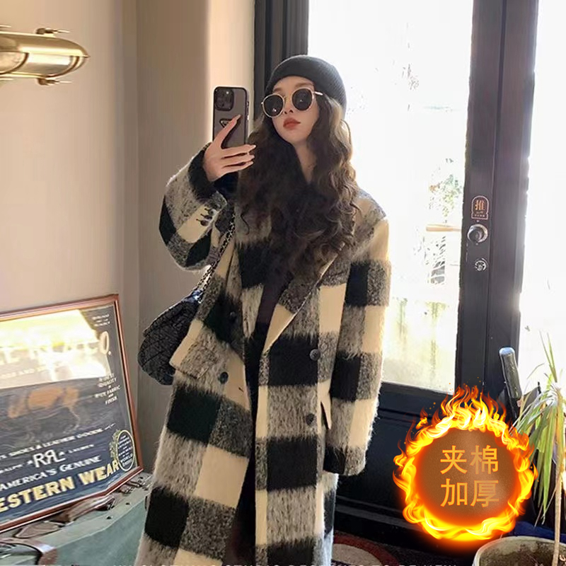 Large size cotton-padded American retro plaid mid-length design loose and versatile jacket
