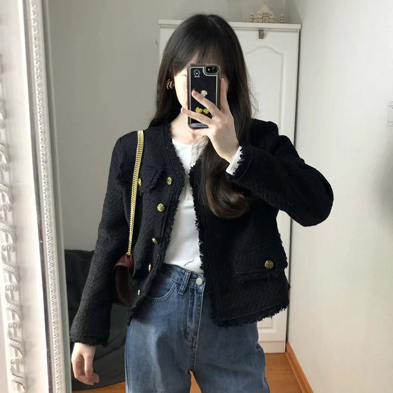 Autumn and winter black small fragrance style jacket for women spring and autumn design niche high-end short tweed top