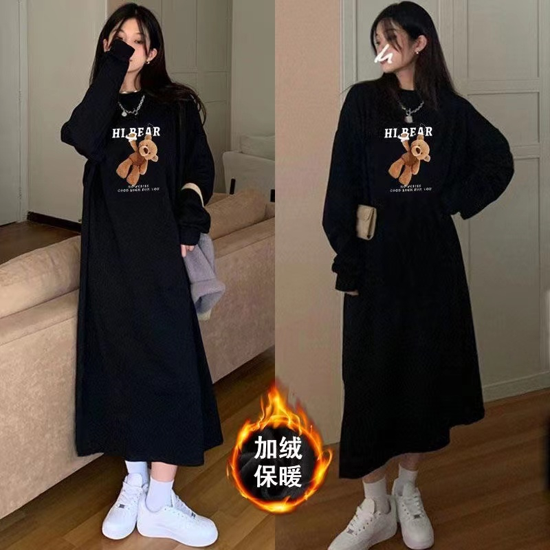 秋冬加絨加厚懶人長款衛衣裙女胖mm大碼寬鬆小眾甜酷過膝連衣裙潮