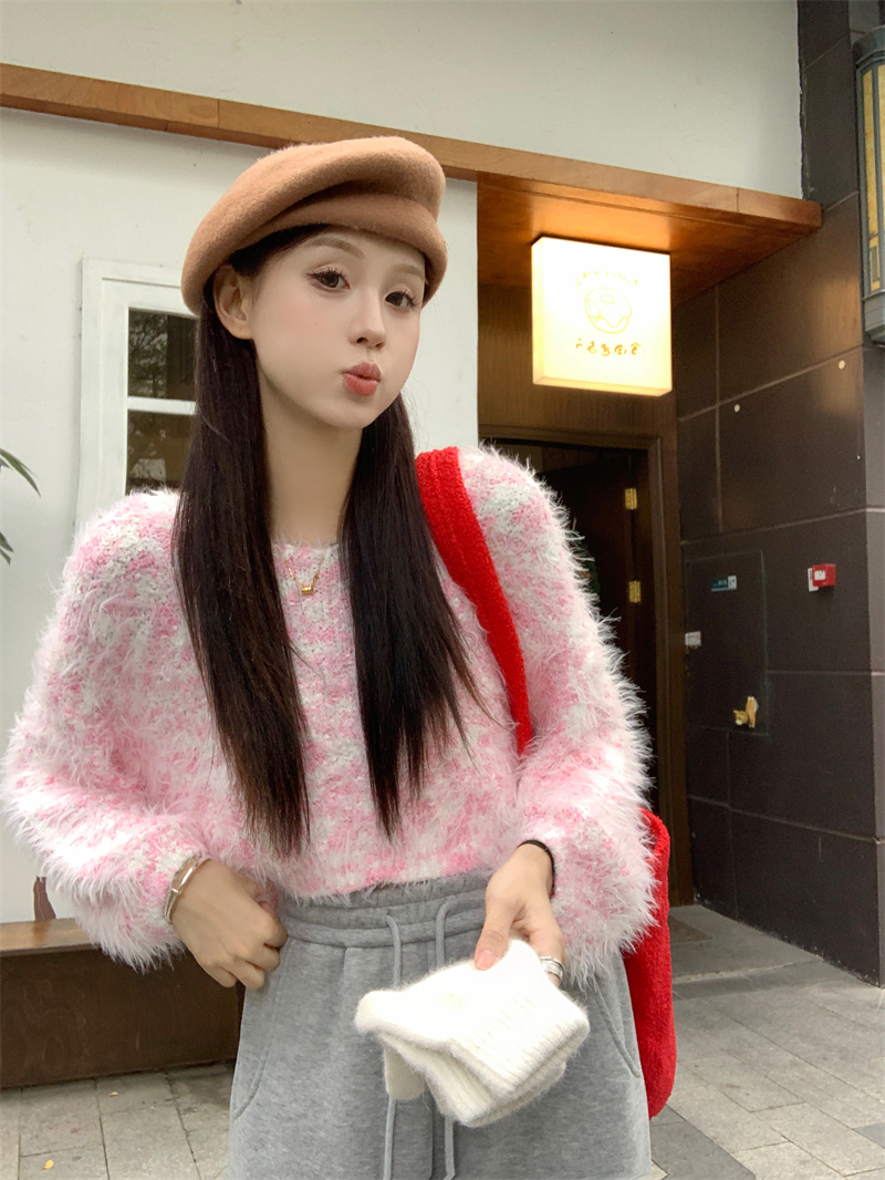 實拍 冬季新款慵懶風V領加厚保暖仿水貂絨短款毛衣女寬鬆外穿