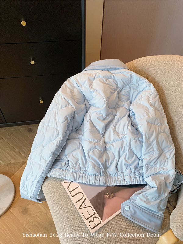Blue Spliced ​​Lapel Padded Cotton Jacket for Women Autumn and Winter 2023 Design Fashion Versatile Warm Lightweight Cotton Jacket