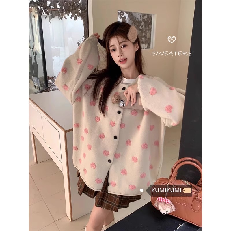 kumikumi撞色愛心刺繡毛衣外套女裝冬季oversize針織開衫減齡上衣