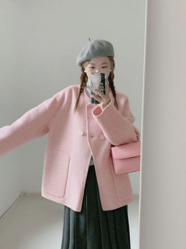 Pink Woolen Coat Women's Autumn and Winter  New Woolen Coat High-Quality Small Thickened Short Style