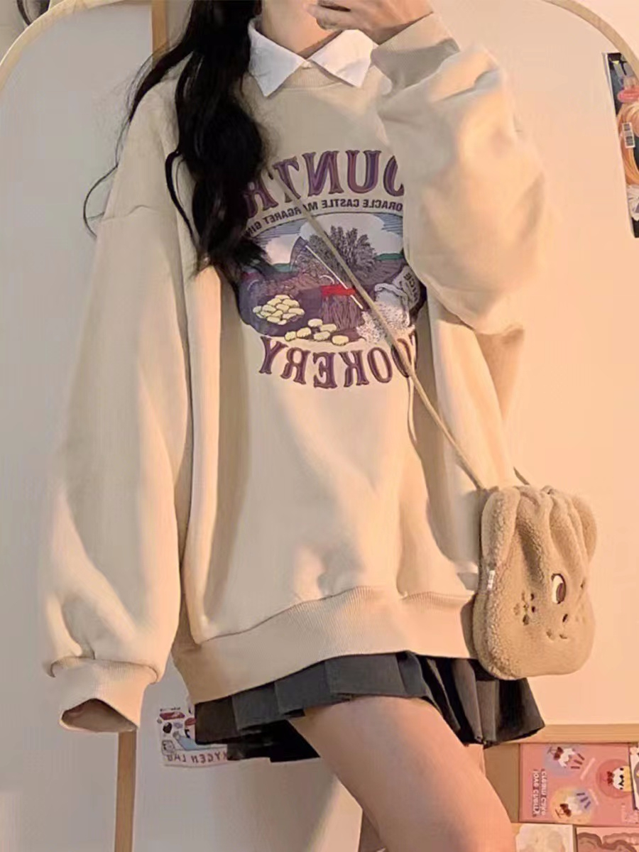 網紅新款大衛衣圓領秋冬款加絨加厚字母印花寬鬆衛衣女