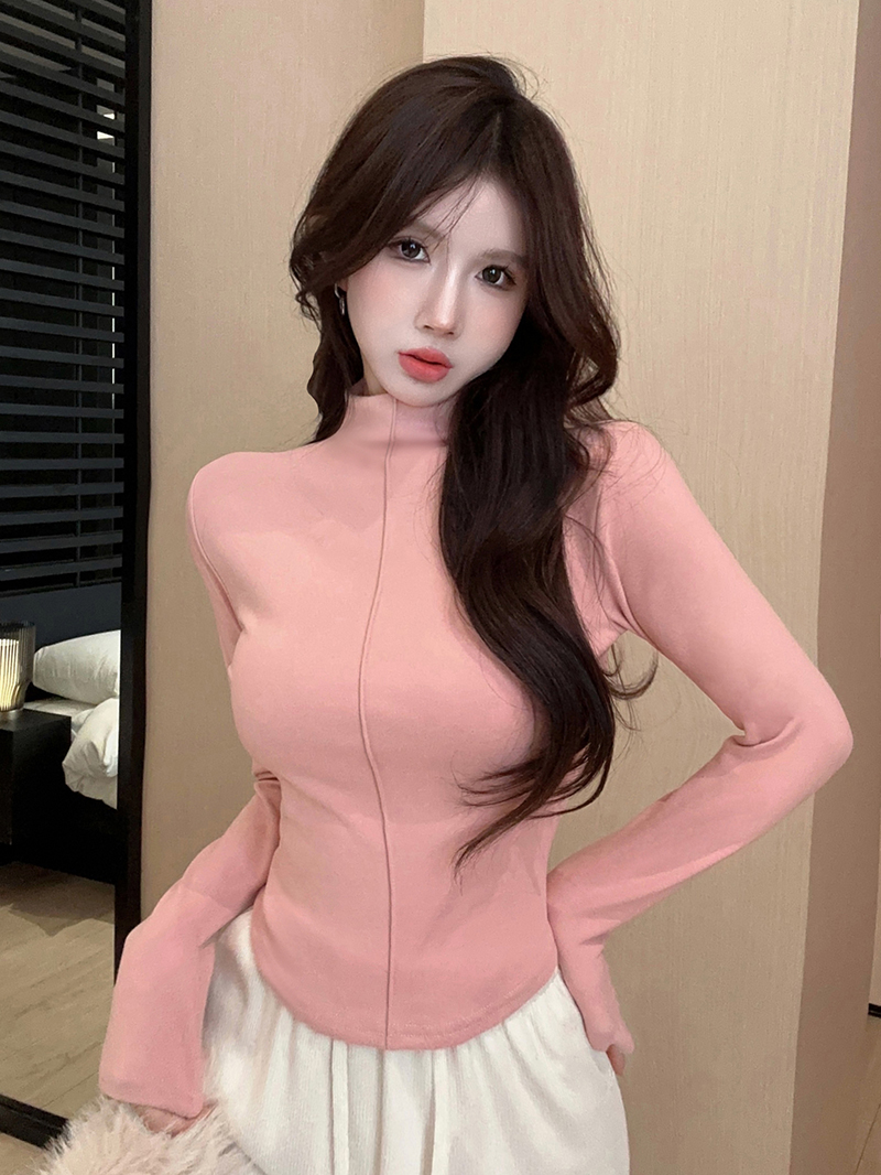 實拍  雙面德絨高領打底衫保暖長袖女秋冬純欲辣妹短款上衣