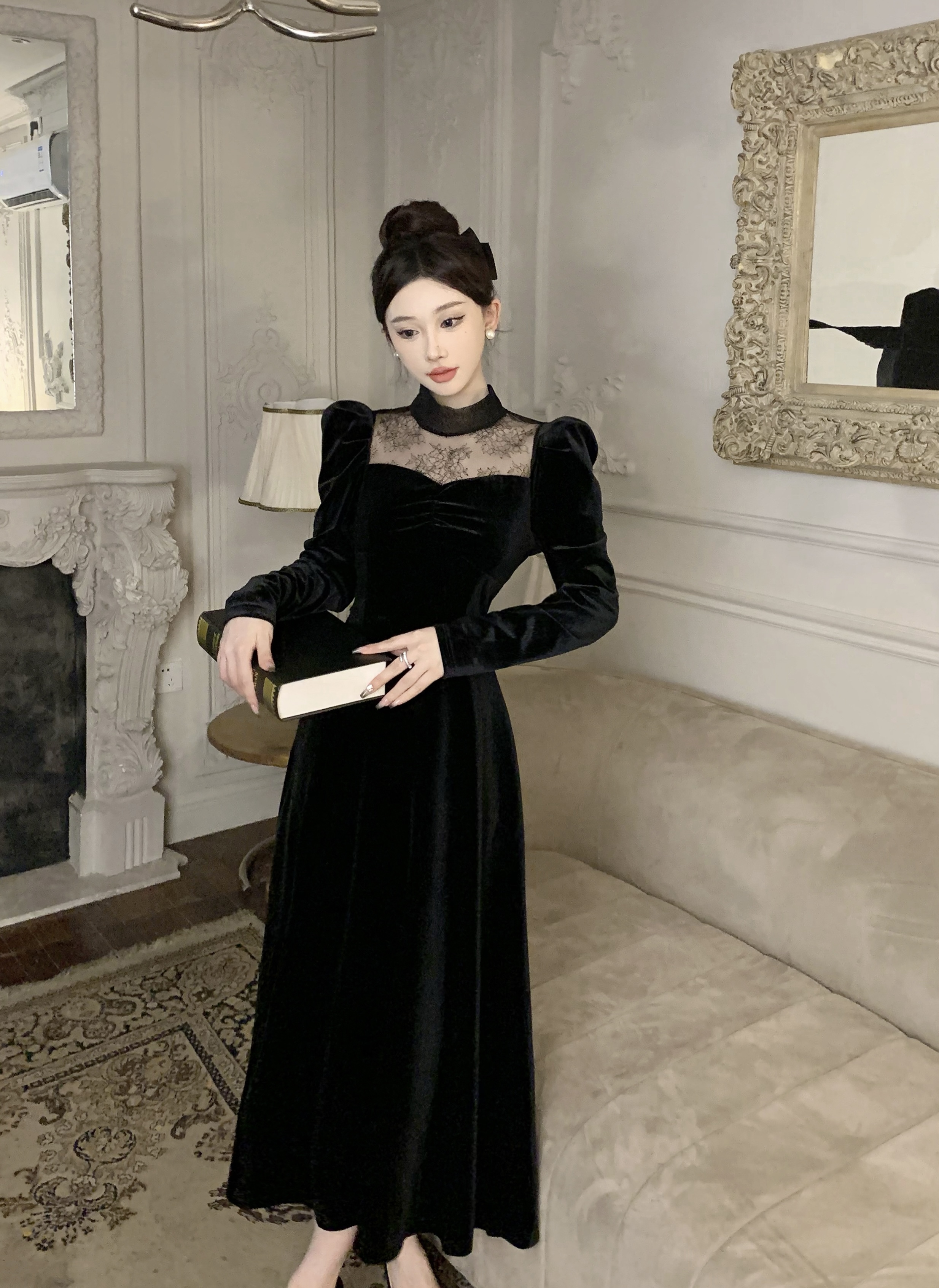 實拍優雅氣質蕾絲拼接絲絨長袖連衣裙女名媛風晚禮服中長裙子