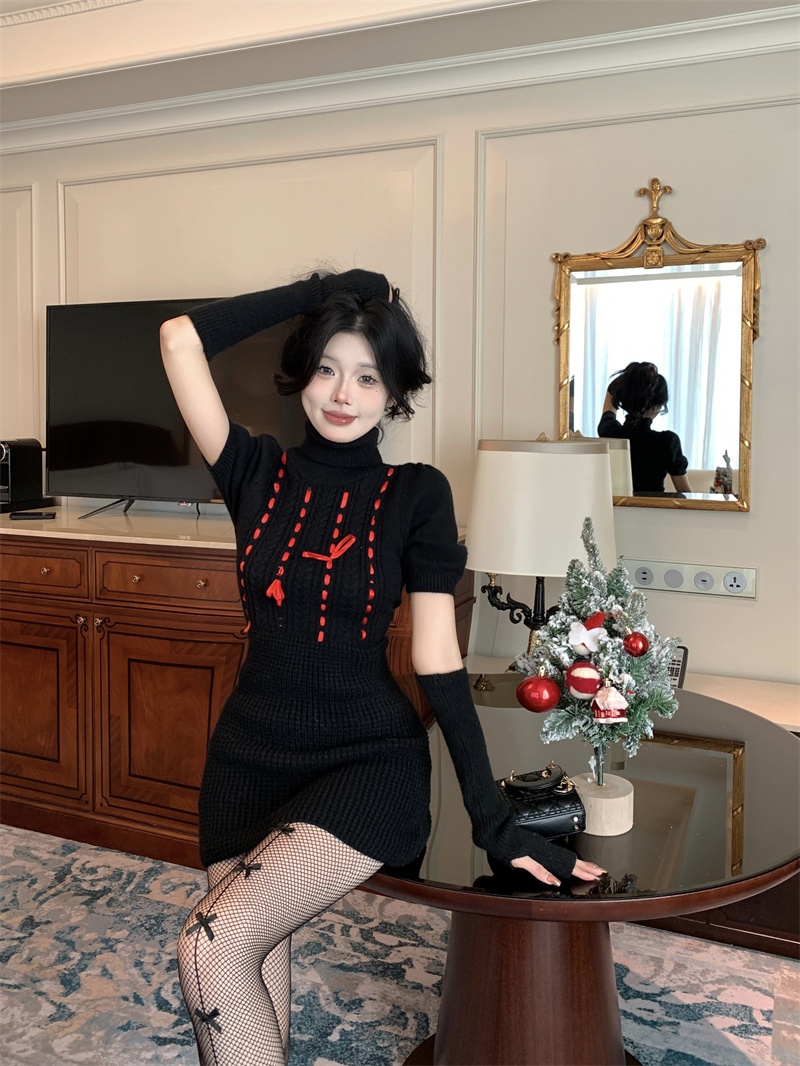實拍 聖誕泡泡袖連衣裙女新款高領毛織高級感氣質包臀短裙子