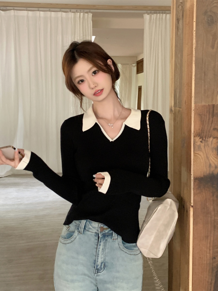 撞色POLO領長袖針織衫毛衣女秋冬季修身打底衫內搭小眾設計感上衣