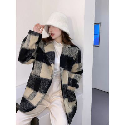 Korean plaid woolen blazer women's autumn and winter mid-length Hepburn style loose temperament thickened woolen coat
