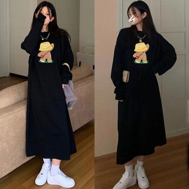 秋冬加絨加厚懶人長款衛衣裙女胖mm大碼寬鬆小眾甜酷過膝連衣裙潮