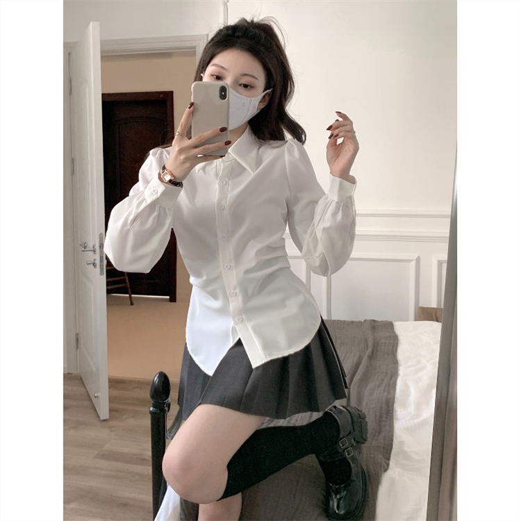 高級感白色泡泡袖襯衫女春秋新款設計感小眾收腰襯衣內搭長袖上衣