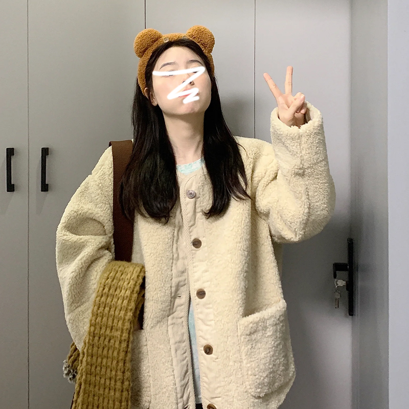 Korean style contrast color imitation lamb wool coat for women autumn and winter 2023 new loose top small warm jacket coat