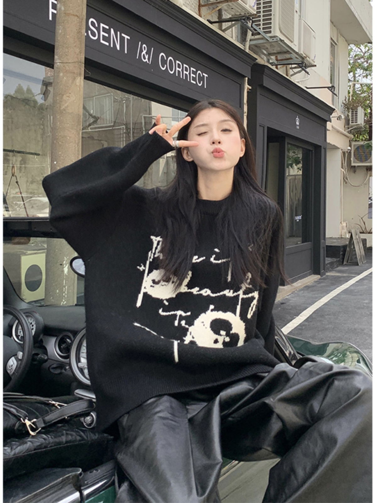 卡通塗鴉毛衣女秋季2023新款慵懶風復古鹽系寬鬆套頭長袖針織上衣