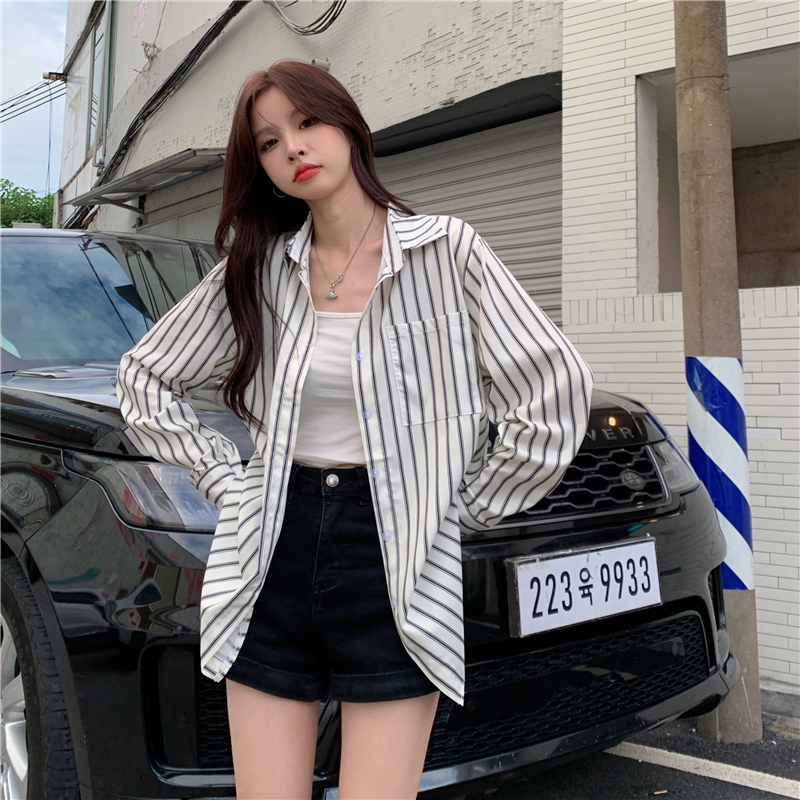 2023春秋季條紋襯衫長袖女學生設計感小眾開衫韓系長袖上衣女