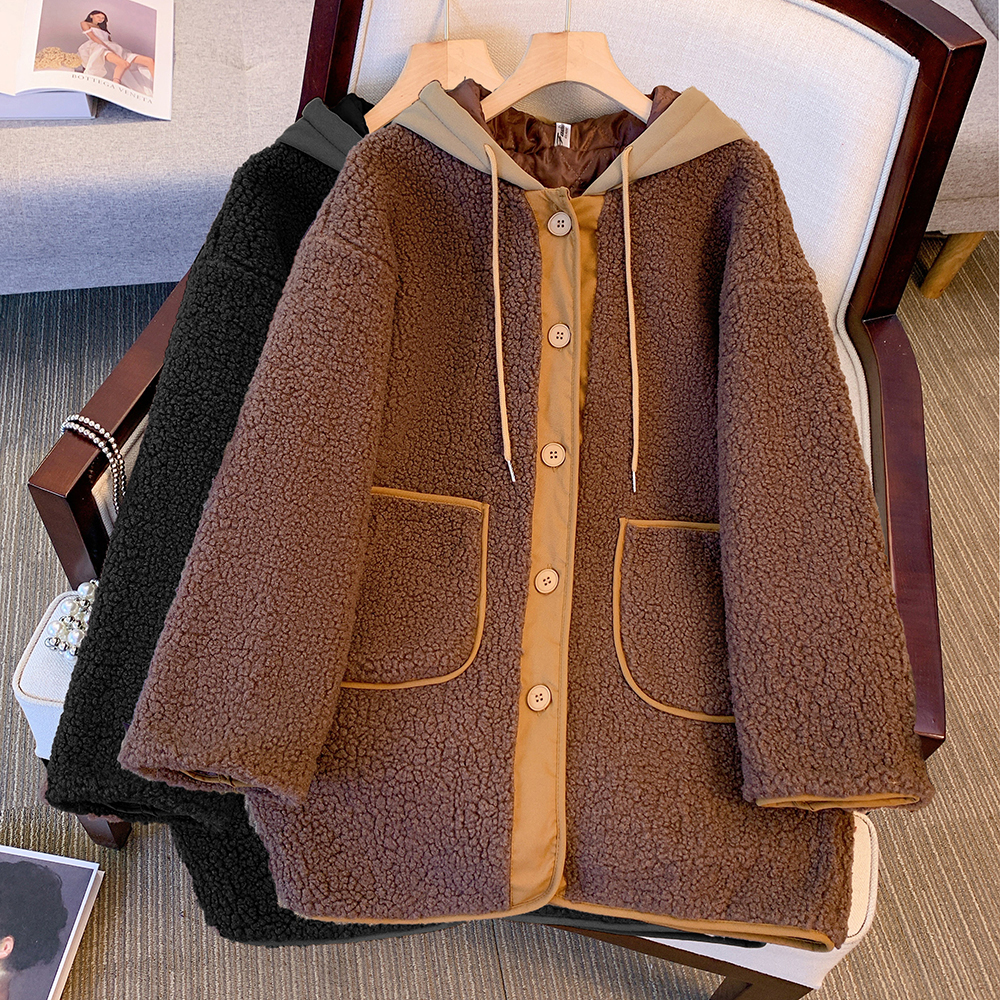 Real shot of plus size women's clothing 2023 winter new style lamb velvet warm cotton coat loose hooded casual cotton coat jacket