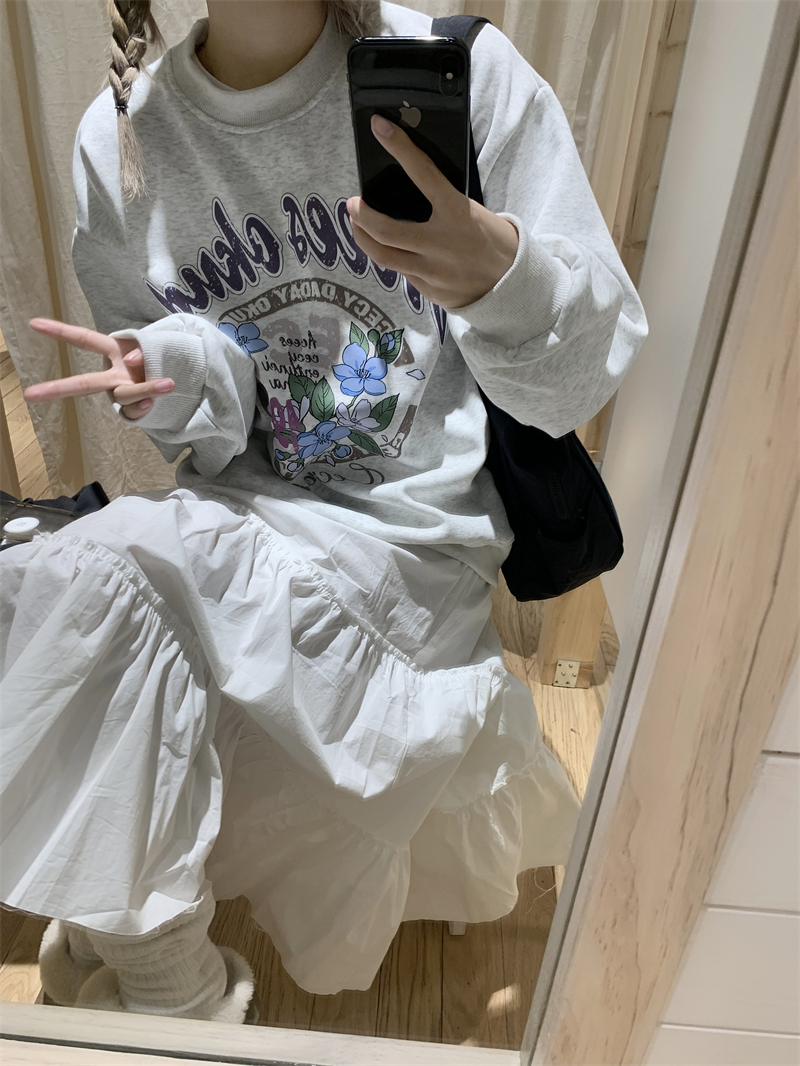 實拍~ 原創 韓國鬼馬少女ins花卉印花加絨套頭圓領衛衣