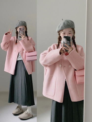 High-end large pocket mid-length pink woolen coat for women autumn and winter new Korean style loose and versatile woolen coat