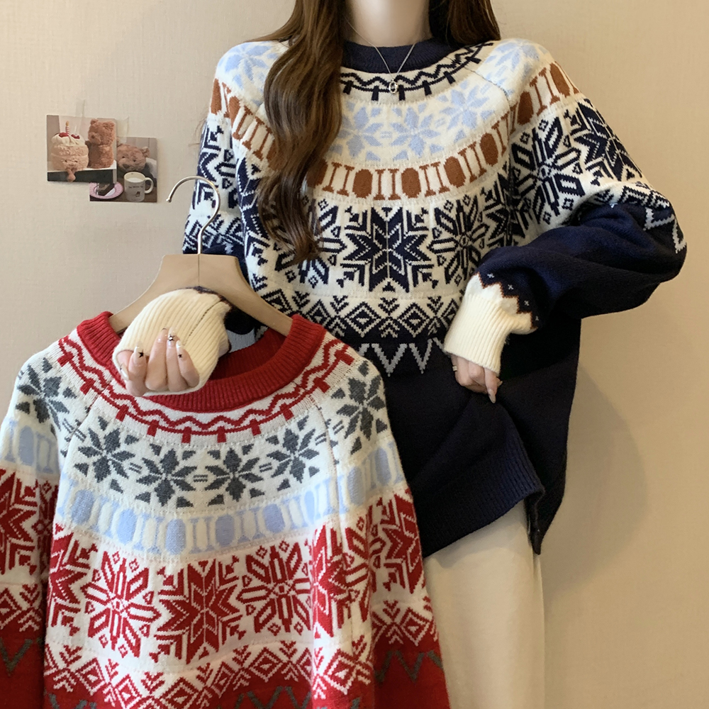 實拍大碼女裝2023冬季新款聖誕節雪花毛衣胖MM百搭寬鬆毛針織衫
