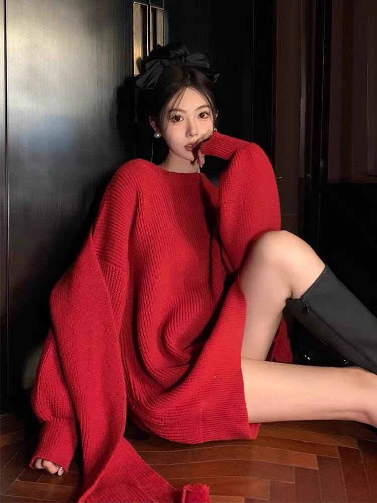 聖誕節龍年本命年紅色毛衣女秋冬季2023新款慵懶風中長款針織上衣