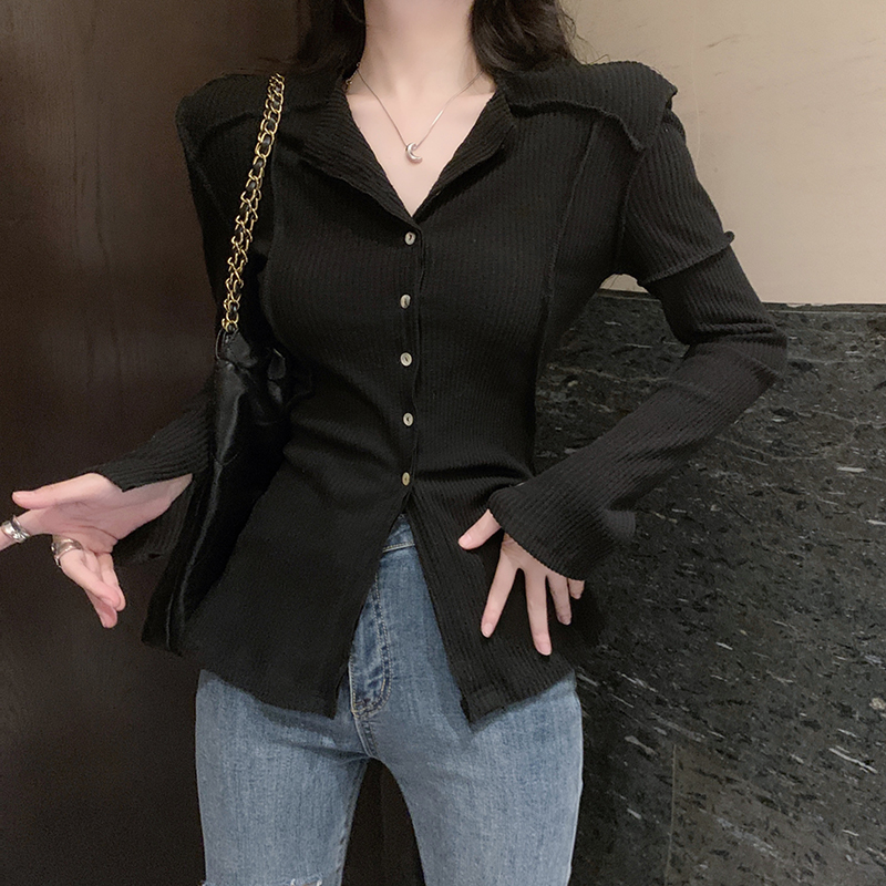 實拍設計感拼接單排扣圓領收腰針織上衣新款高級小眾洋氣修身上衣