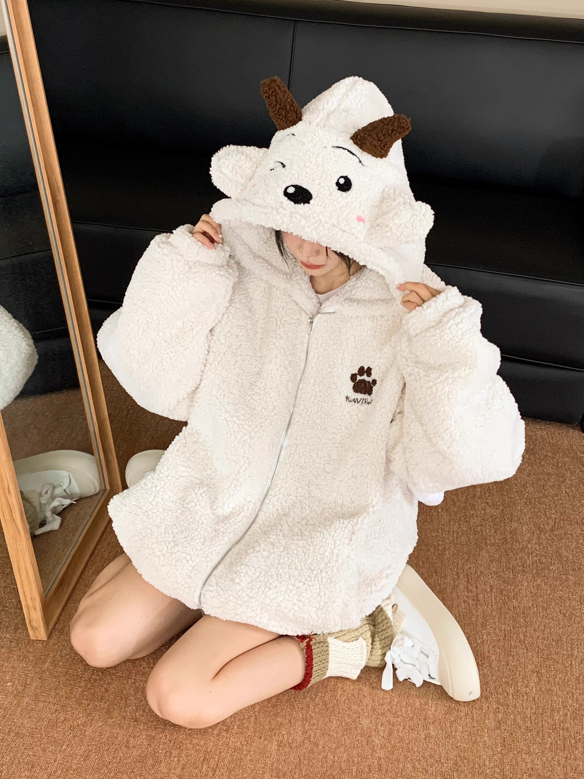 500g lambswool lazy sheep ears cute hooded coat for women loose plus velvet thickened cotton coat