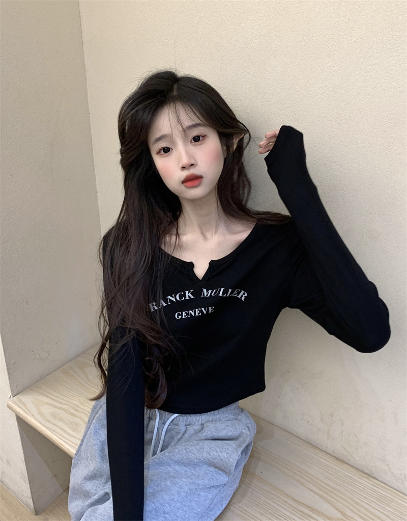 實拍 美式復古長袖T恤女2023新款ins潮緊身字母顯瘦短款上衣