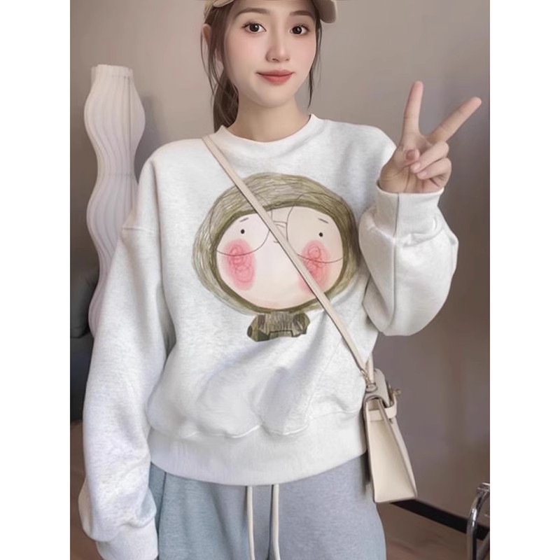 卡通印花白灰色短款衛衣女秋冬季加絨加厚寬鬆減齡圓領上衣