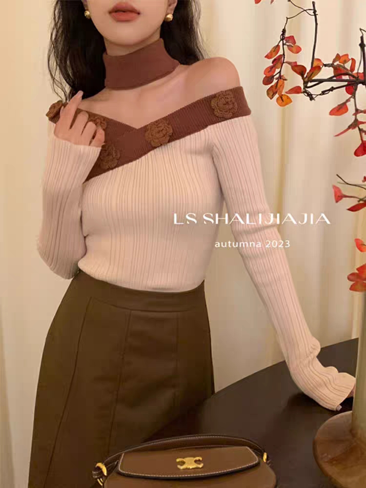 女裝冬季2023新款撞色純欲風一字肩毛衣修身打底衫女針織衫內搭潮