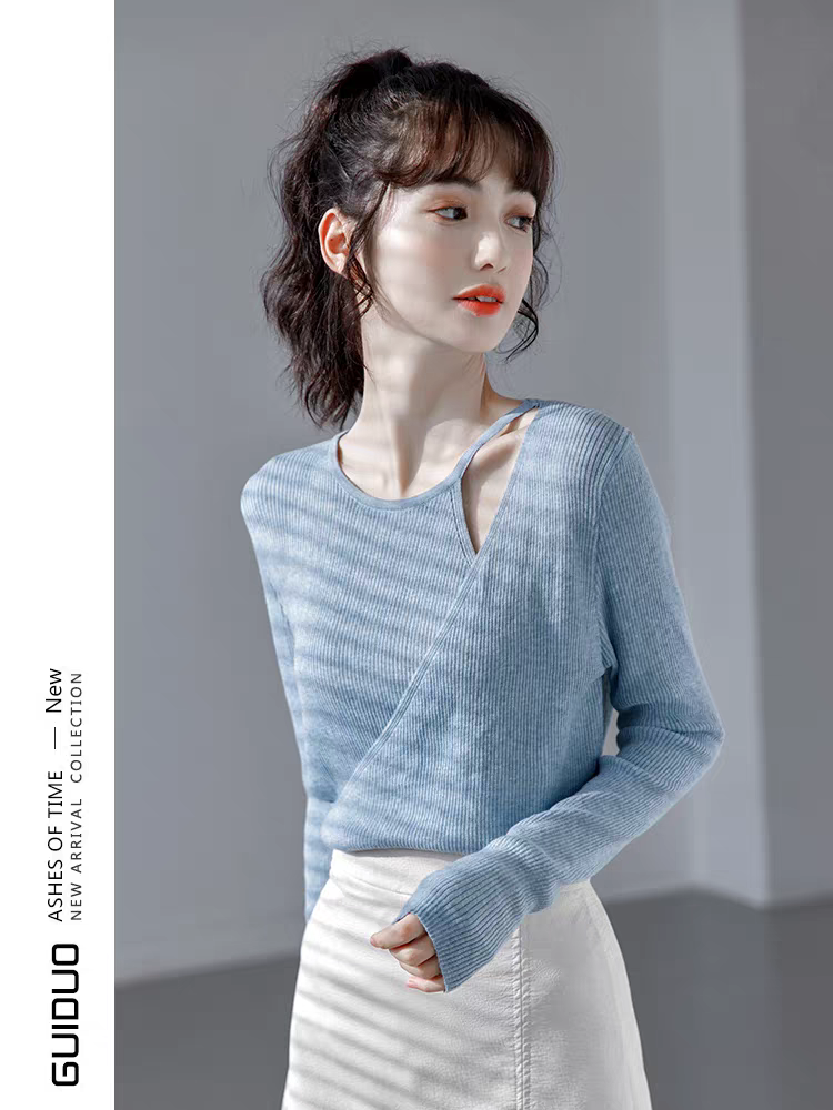 秋季上衣女新款2023年針織衫春秋款長袖設計感小眾修身打底衫內搭