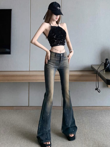 American high street micro-flare jeans for women, old retro autumn new tight high-waist fashion floor-length jeans